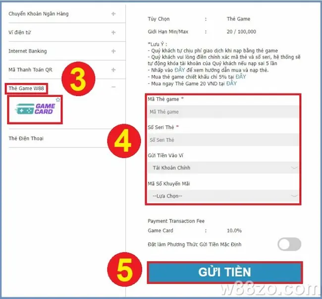 Cách Nạp Tiền Bằng Thẻ Game W88